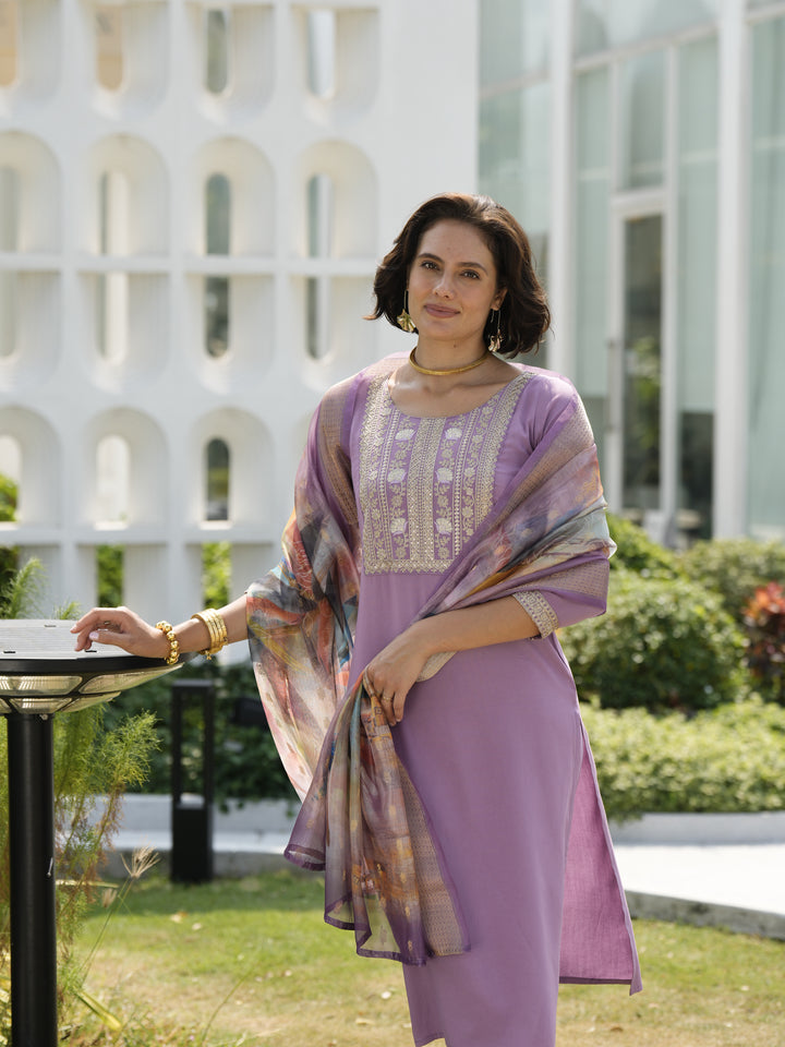 Purple Color Viscose Rayon embroidery Kurti with Pant And Dupatta Sets