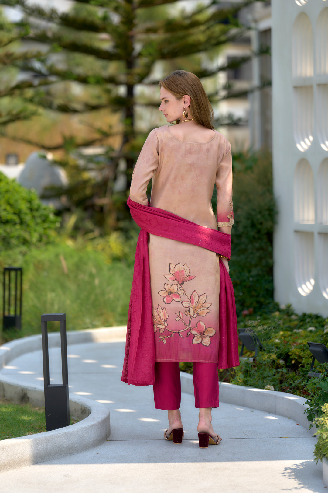Peach Color Tissue with floral print and embroidery Kurti with Pant And Dupatta Sets