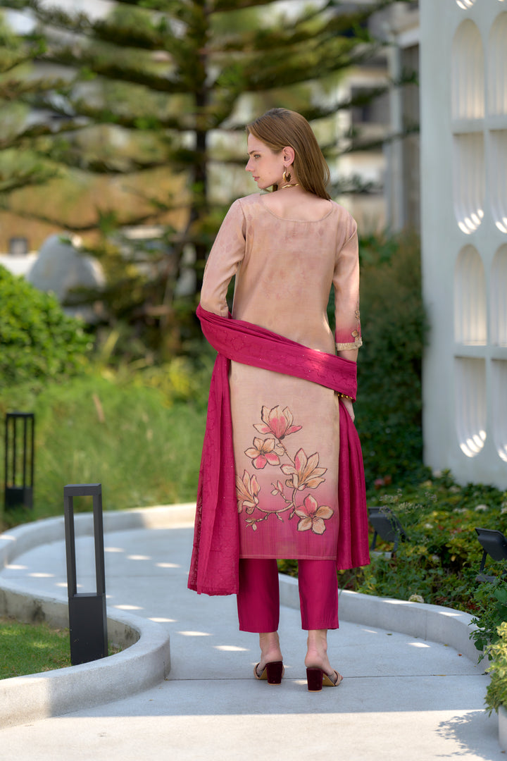Peach Color Tissue with floral print and embroidery Kurti with Pant And Dupatta Sets