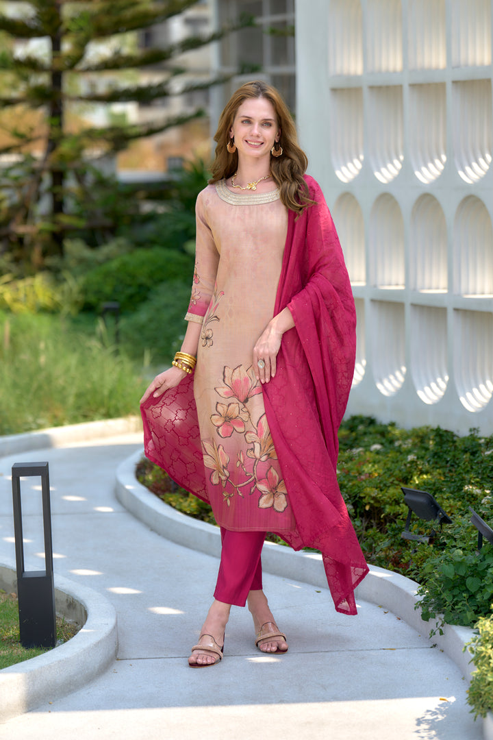 Peach Color Tissue with floral print and embroidery Kurti with Pant And Dupatta Sets
