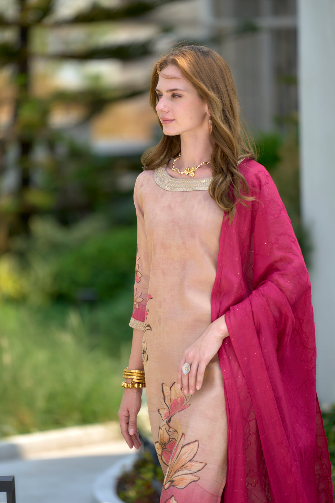 Peach Color Tissue with floral print and embroidery Kurti with Pant And Dupatta Sets