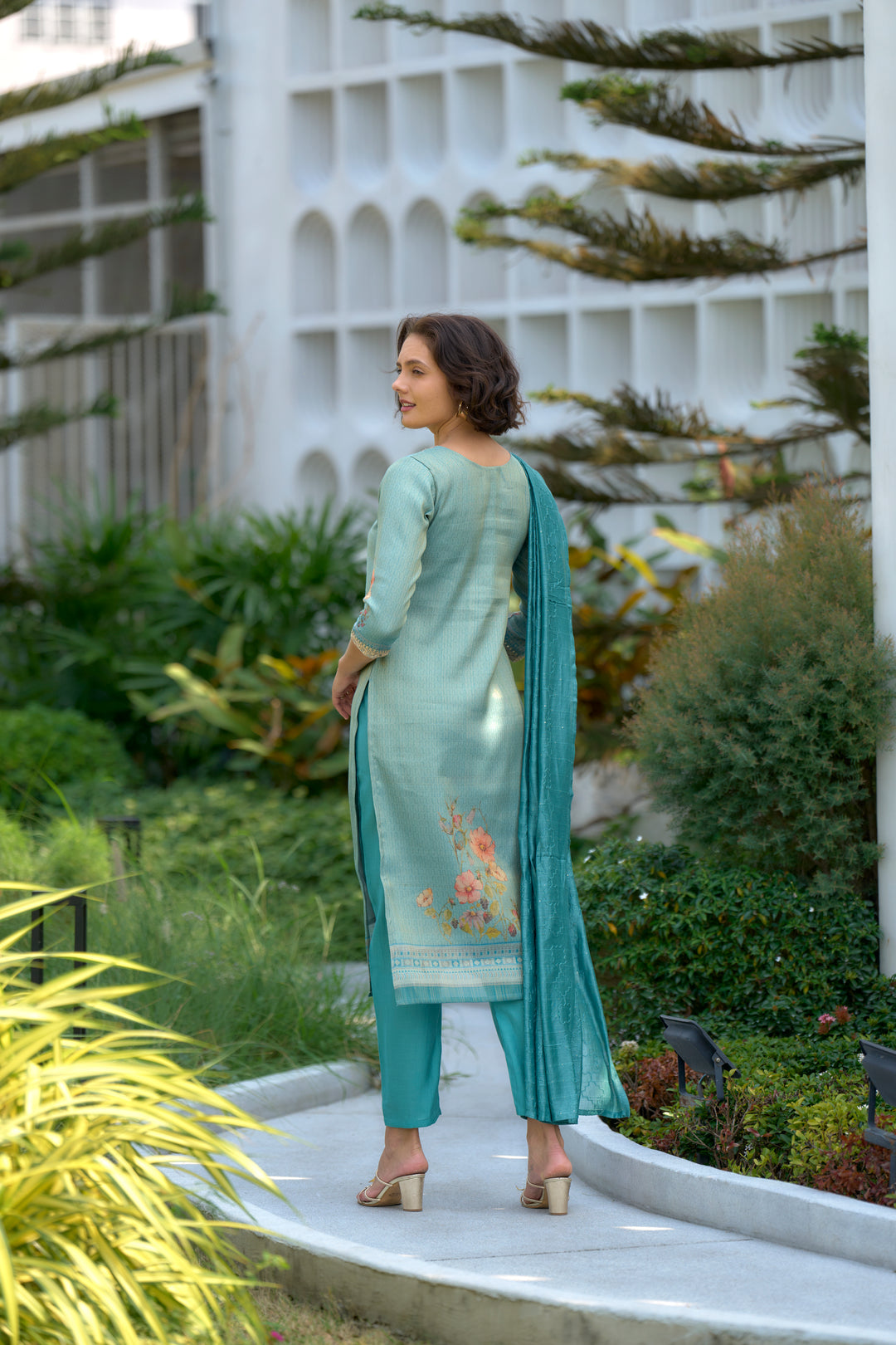 Blue Color Tissue with floral print and embroidery Kurti with Pant And Dupatta Sets