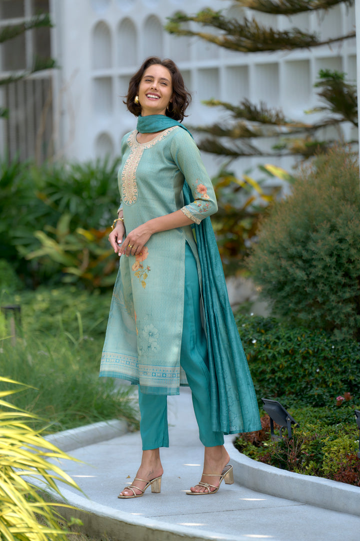 Blue Color Tissue with floral print and embroidery Kurti with Pant And Dupatta Sets