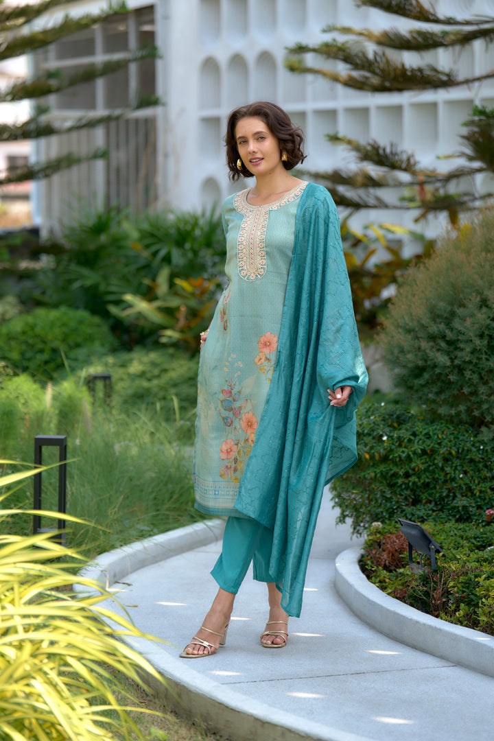 Blue Color Tissue with floral print and embroidery Kurti with Pant And Dupatta Sets