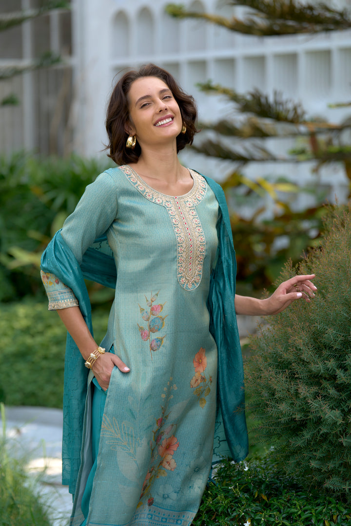 Blue Color Tissue with floral print and embroidery Kurti with Pant And Dupatta Sets