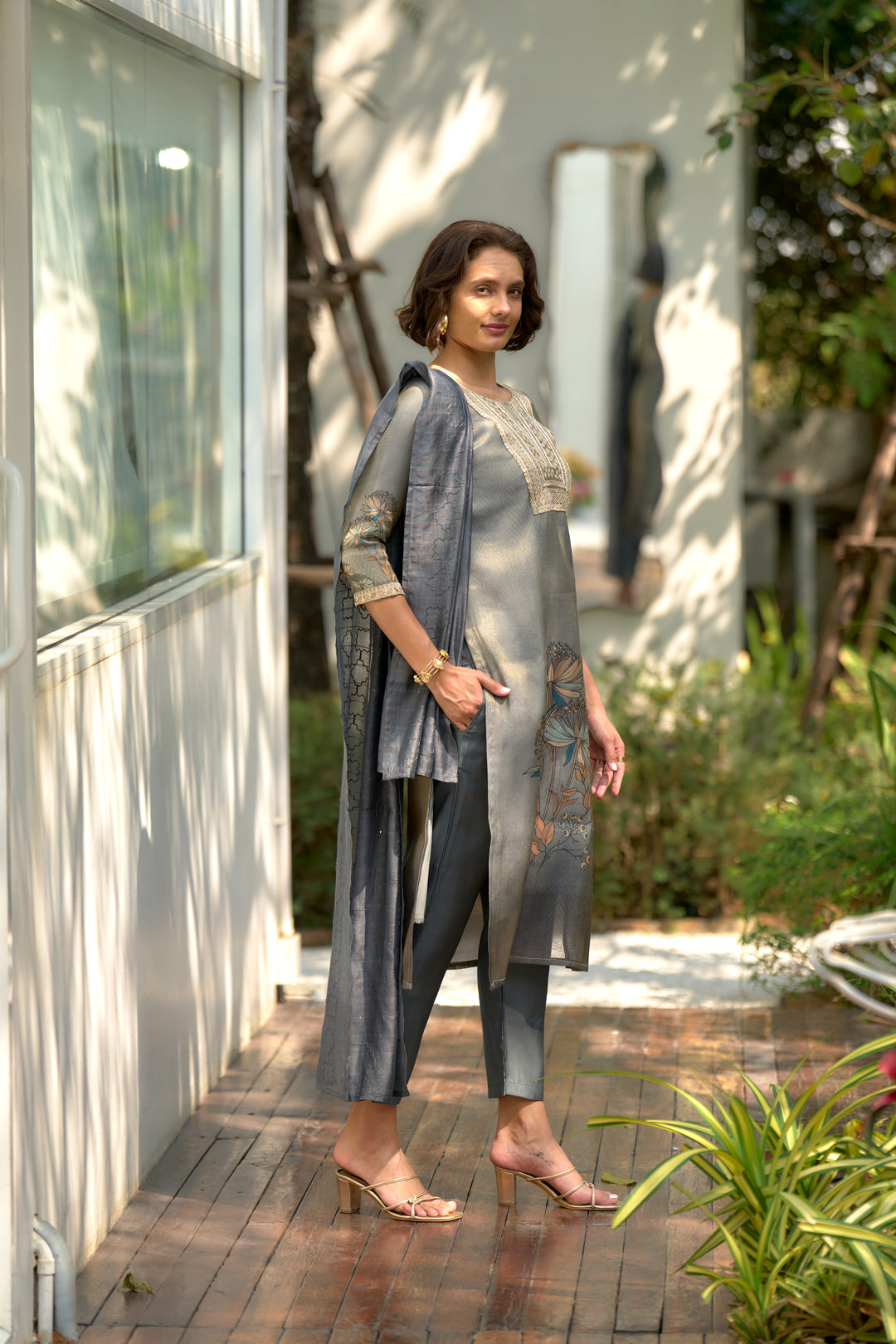 Grey Color Tissue with floral print and embroidery Kurti with Pant And Dupatta Sets