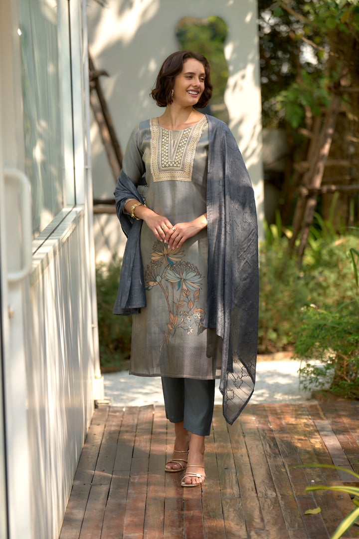 Grey Color Tissue with floral print and embroidery Kurti with Pant And Dupatta Sets