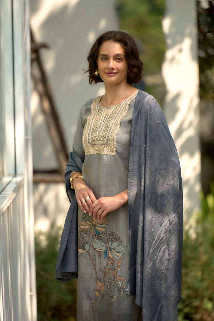 Grey Color Tissue with floral print and embroidery Kurti with Pant And Dupatta Sets