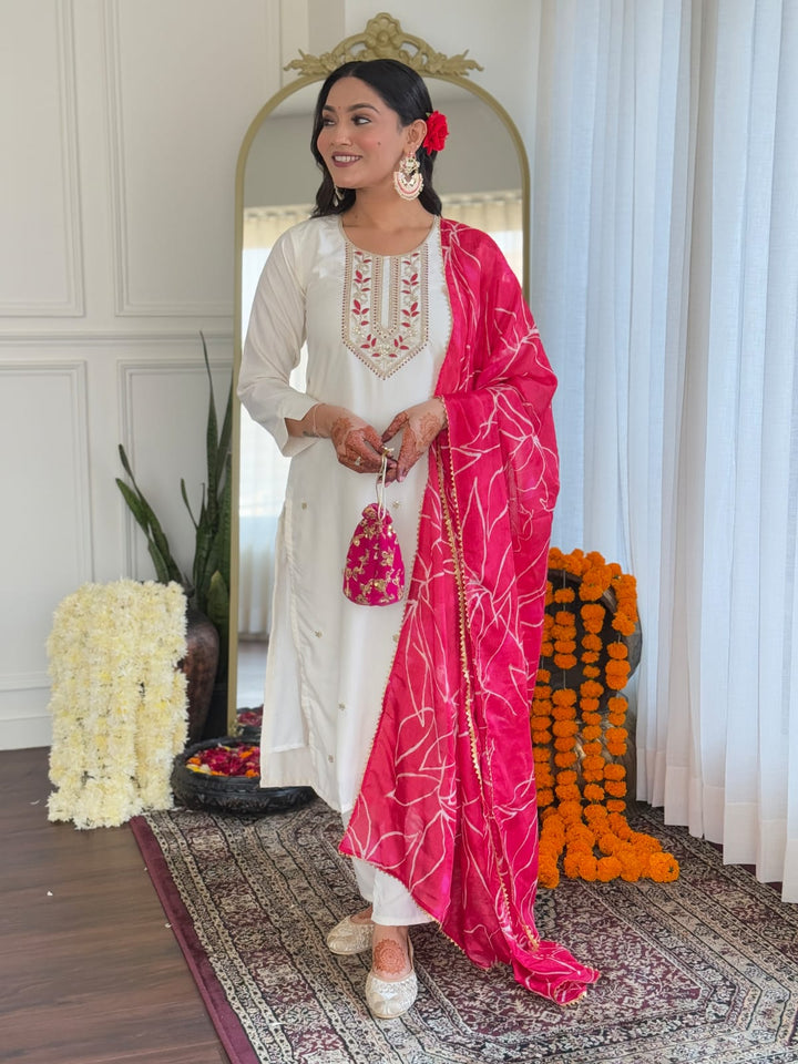 White Color Rayon Slub Embroidered Kurta with Pant And Dupatta Sets