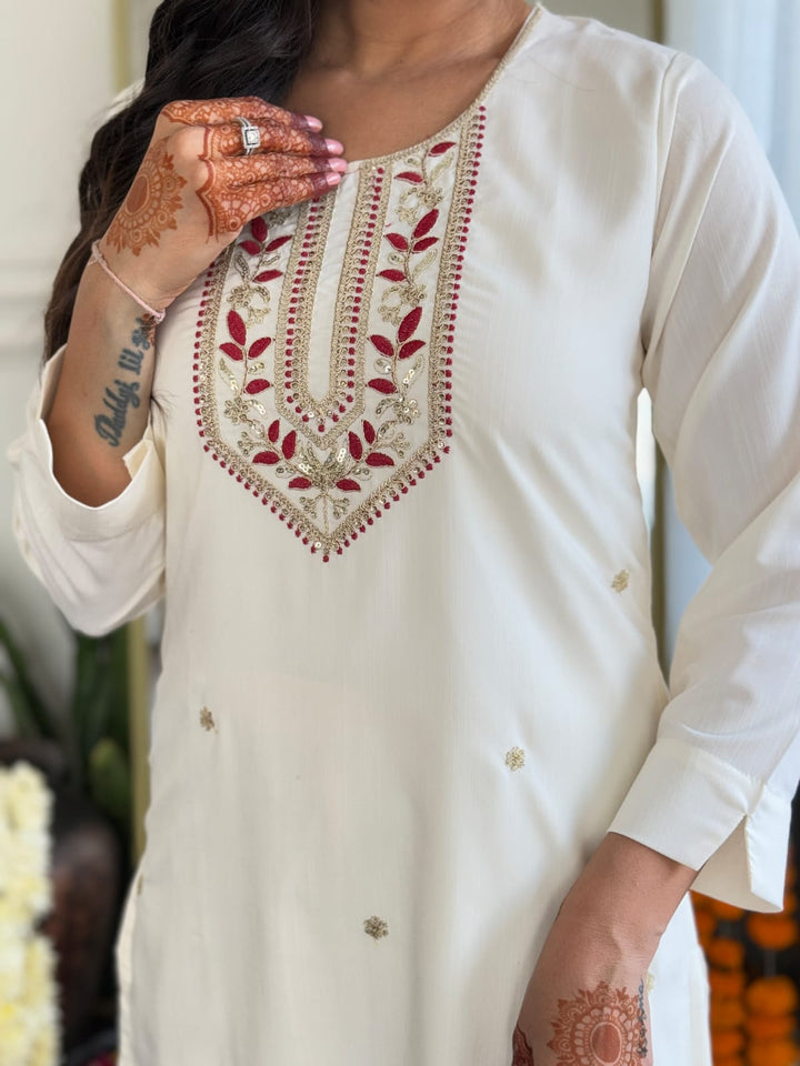 White Color Rayon Slub Embroidered Kurta with Pant And Dupatta Sets