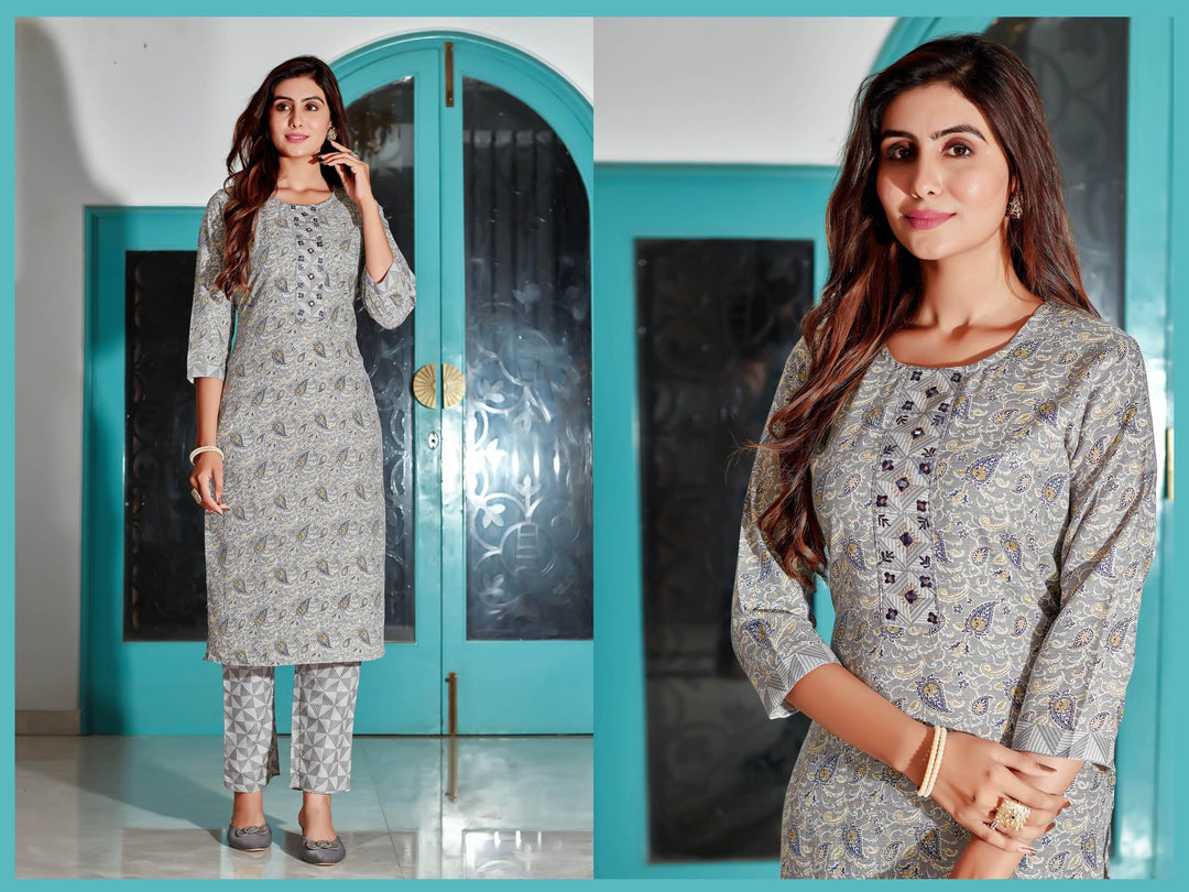 Grey Color Cotton Blend Digital Print Kurti with Pant