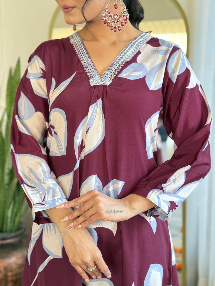 Wine Color French Crepe Embroidery Kurti With Chanderi Silk Pant And Chanderi Dupatta Set