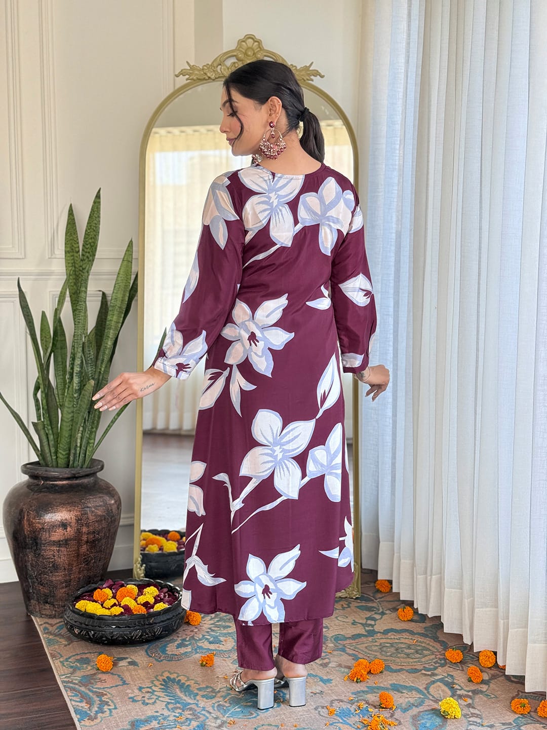 Wine Color French Crepe Embroidery Kurti With Chanderi Silk Pant And Chanderi Dupatta Set