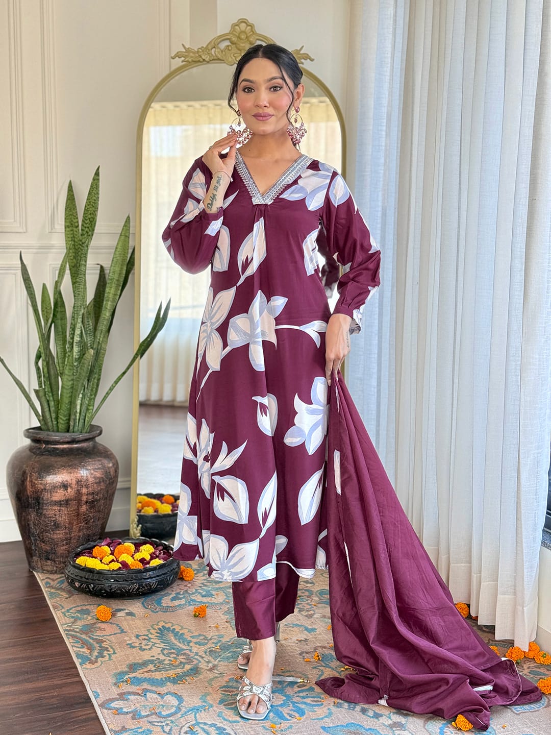 Wine Color French Crepe Embroidery Kurti With Chanderi Silk Pant And Chanderi Dupatta Set