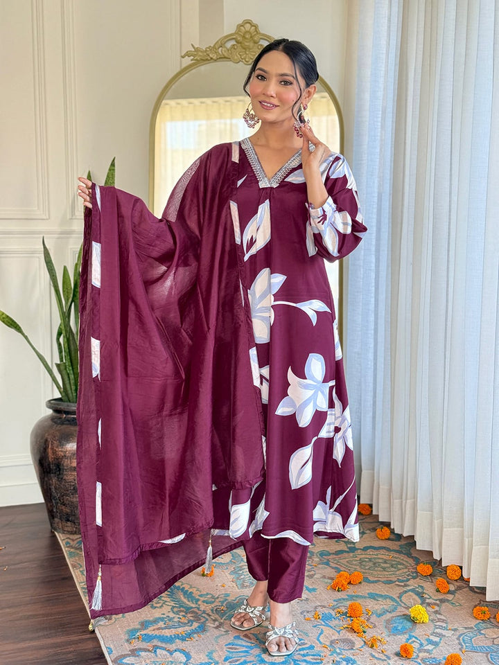 Wine Color French Crepe Embroidery Kurti With Chanderi Silk Pant And Chanderi Dupatta Set