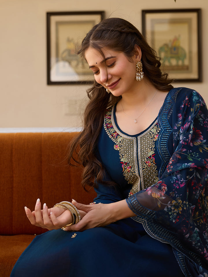 Navy Blue Color Viscose Chanderi Embroidery Kurti With Pant And Dupatta Set