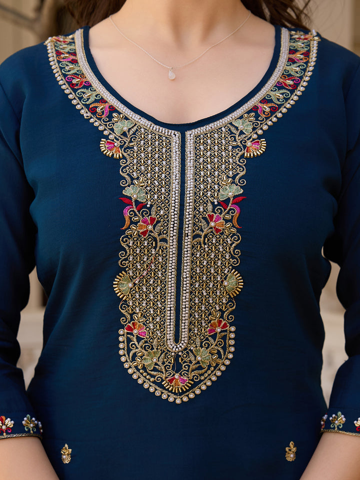 Navy Blue Color Viscose Chanderi Embroidery Kurti With Pant And Dupatta Set