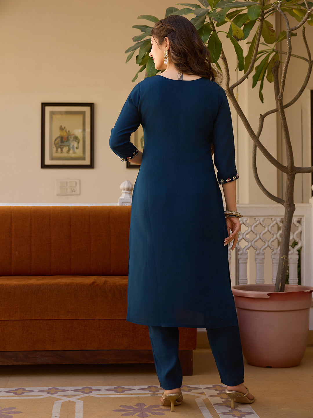 Navy Blue Color Viscose Chanderi Embroidery Kurti With Pant And Dupatta Set