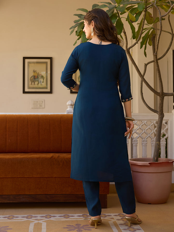 Navy Blue Color Viscose Chanderi Embroidery Kurti With Pant And Dupatta Set