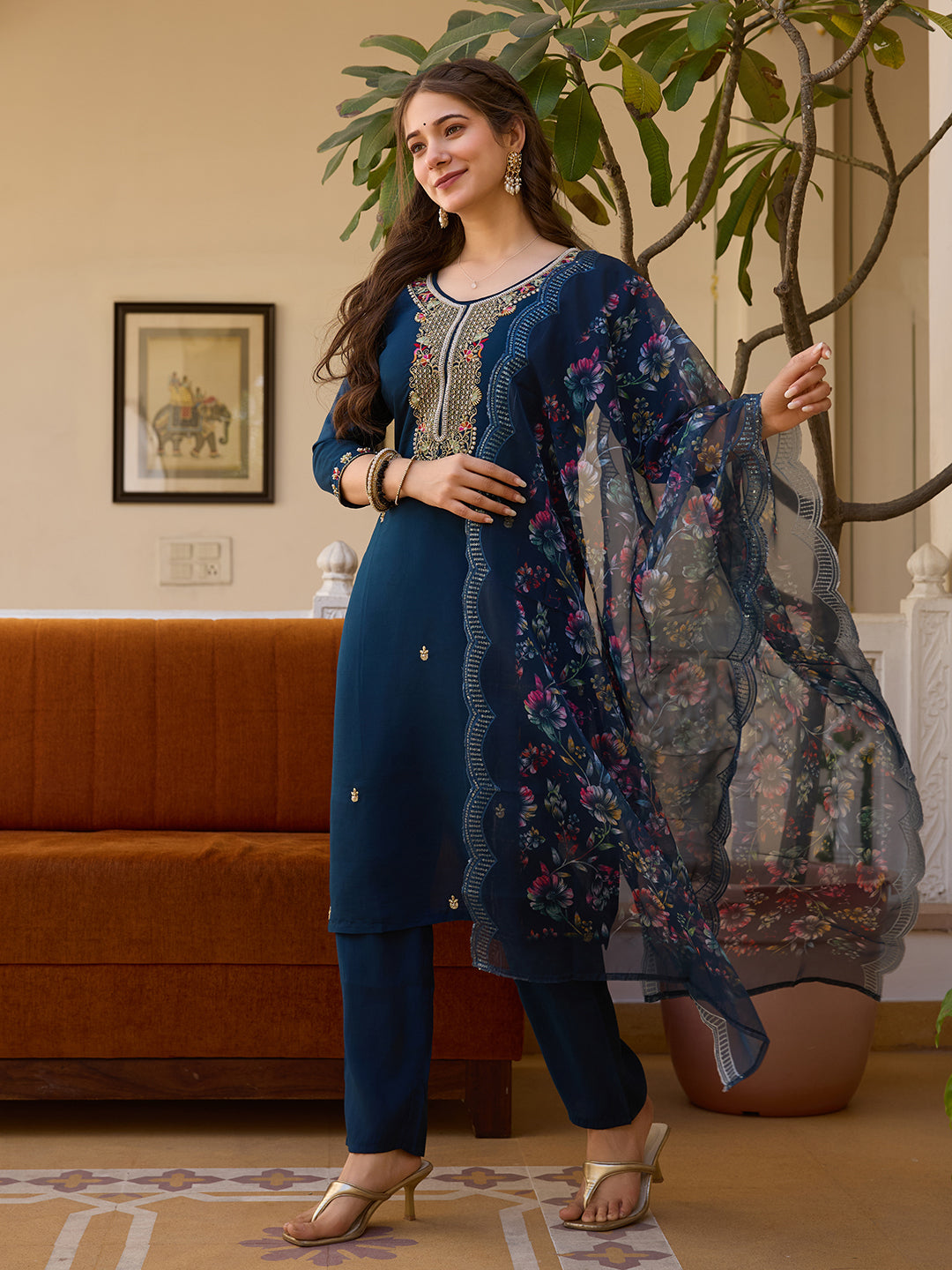 Navy Blue Color Viscose Chanderi Embroidery Kurti With Pant And Dupatta Set