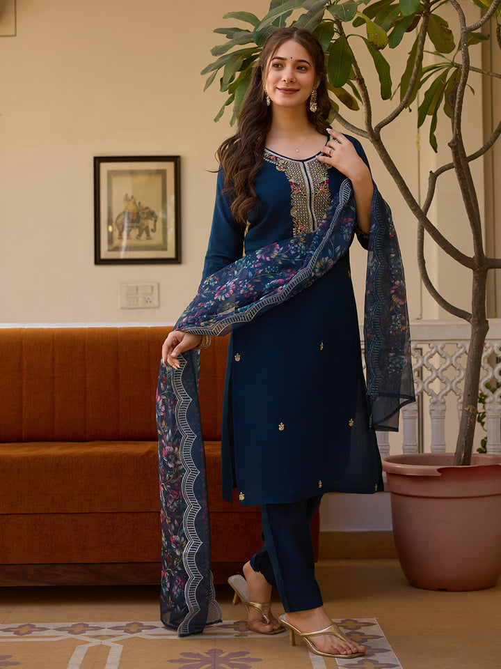 Navy Blue Color Viscose Chanderi Embroidery Kurti With Pant And Dupatta Set