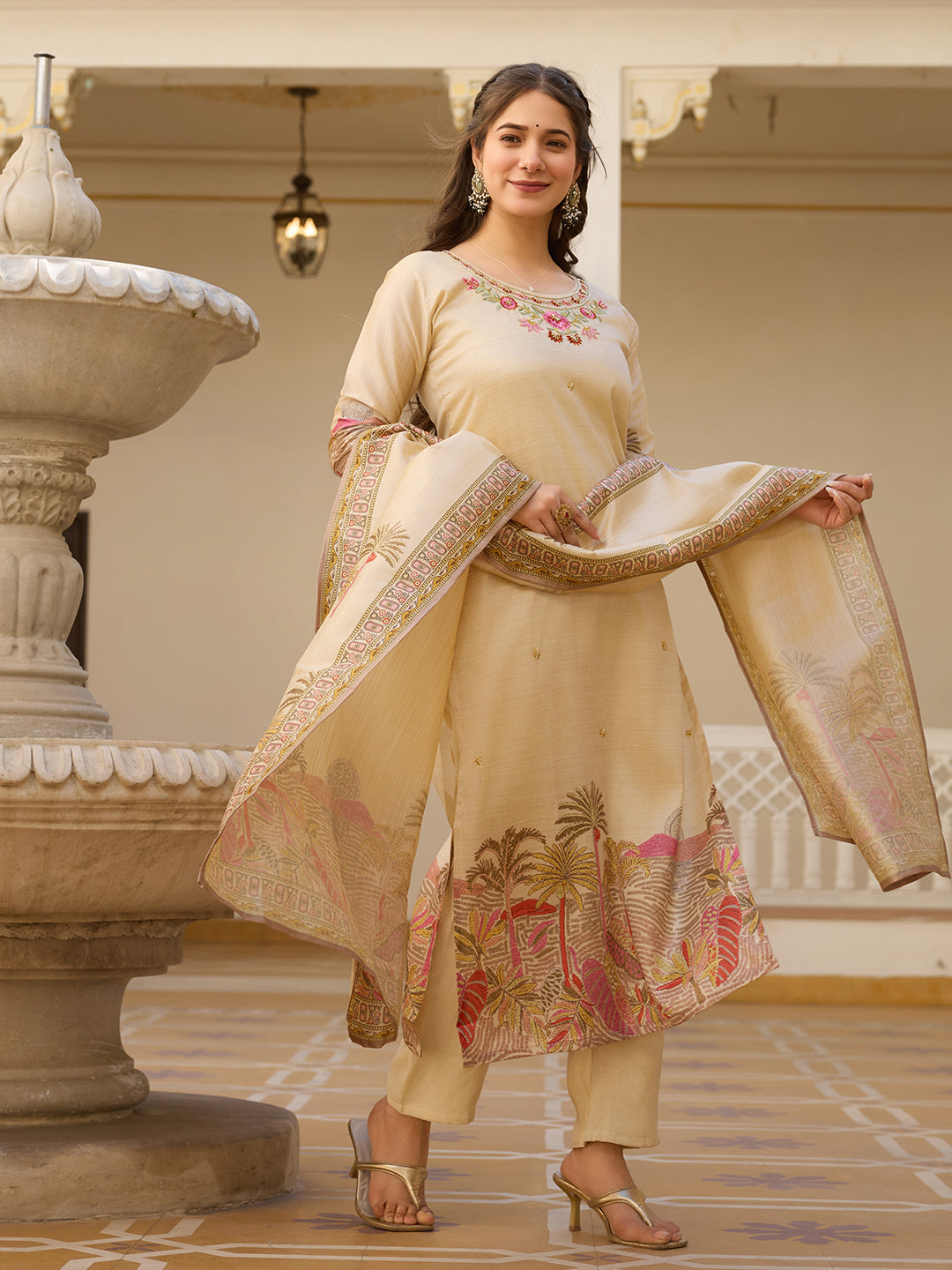 Beige Color Viscose Assam Silk Embroidery Kurti With Pant And Dupatta Set