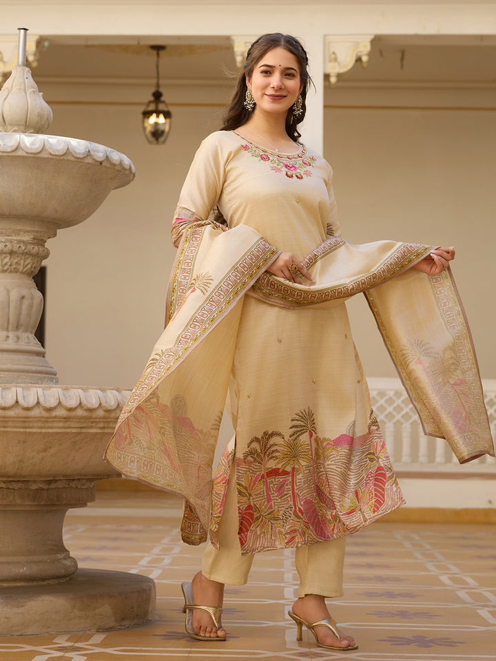 Beige Color Viscose Assam Silk Embroidery Kurti With Pant And Dupatta Set