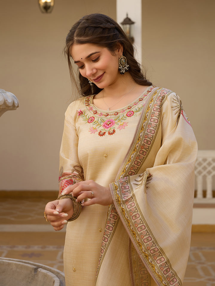 Beige Color Viscose Assam Silk Embroidery Kurti With Pant And Dupatta Set
