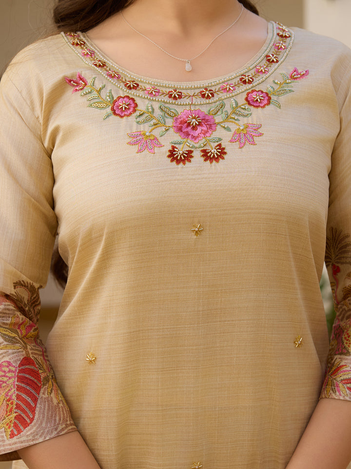 Beige Color Viscose Assam Silk Embroidery Kurti With Pant And Dupatta Set