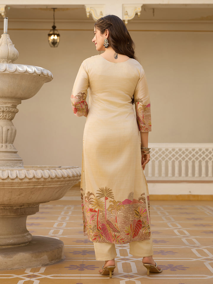 Beige Color Viscose Assam Silk Embroidery Kurti With Pant And Dupatta Set