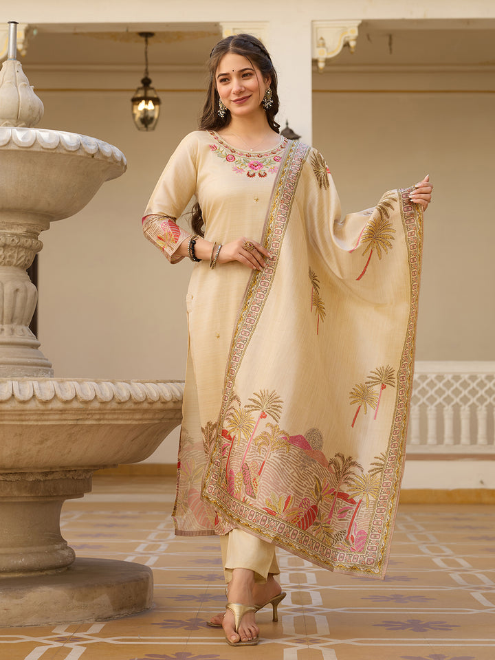 Beige Color Viscose Assam Silk Embroidery Kurti With Pant And Dupatta Set