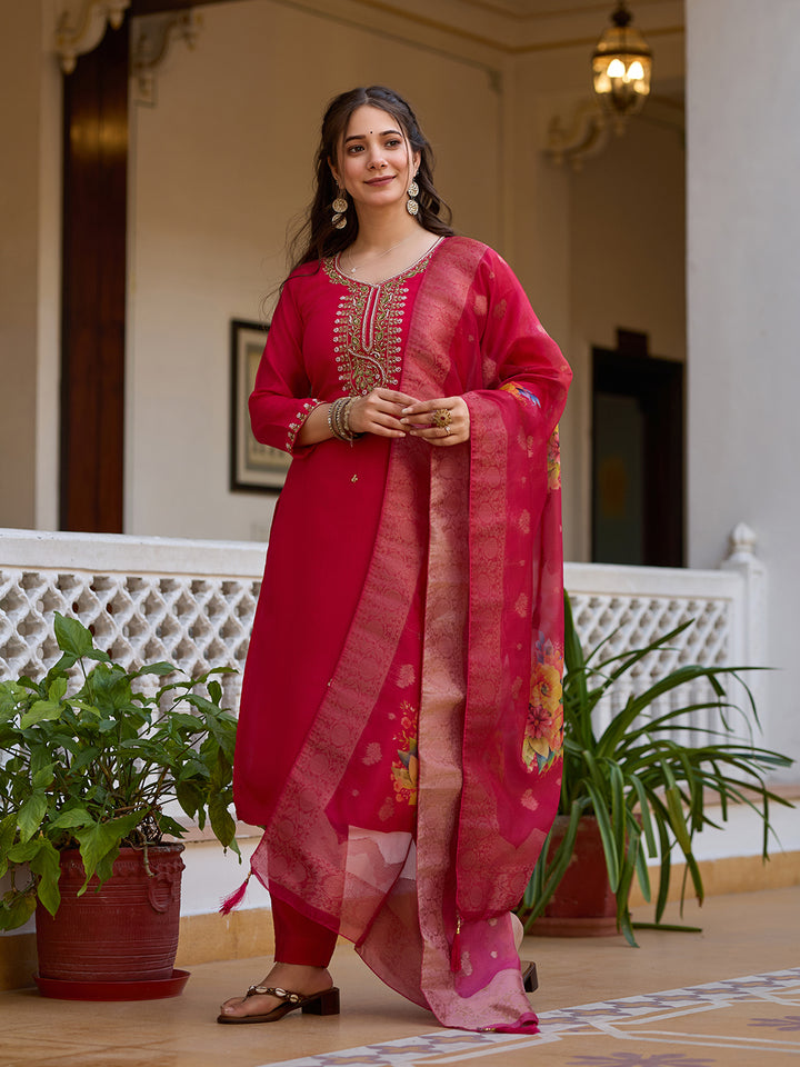 Red Color Viscose Chanderi Silk Embroidery Kurti With Pant And Dupatta Set