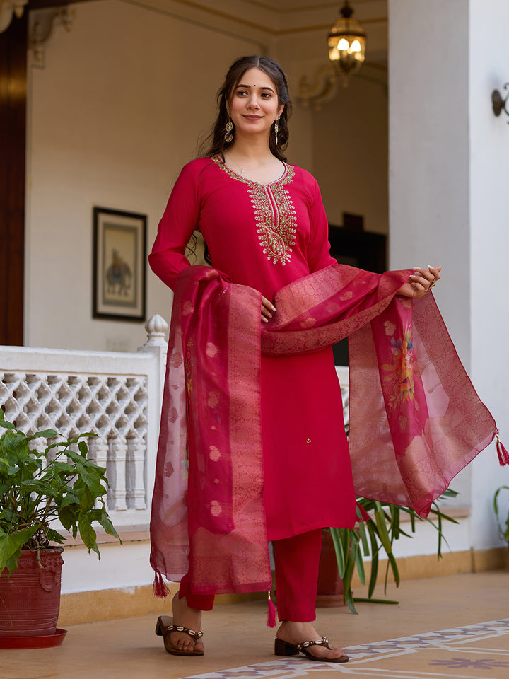 Red Color Viscose Chanderi Silk Embroidery Kurti With Pant And Dupatta Set