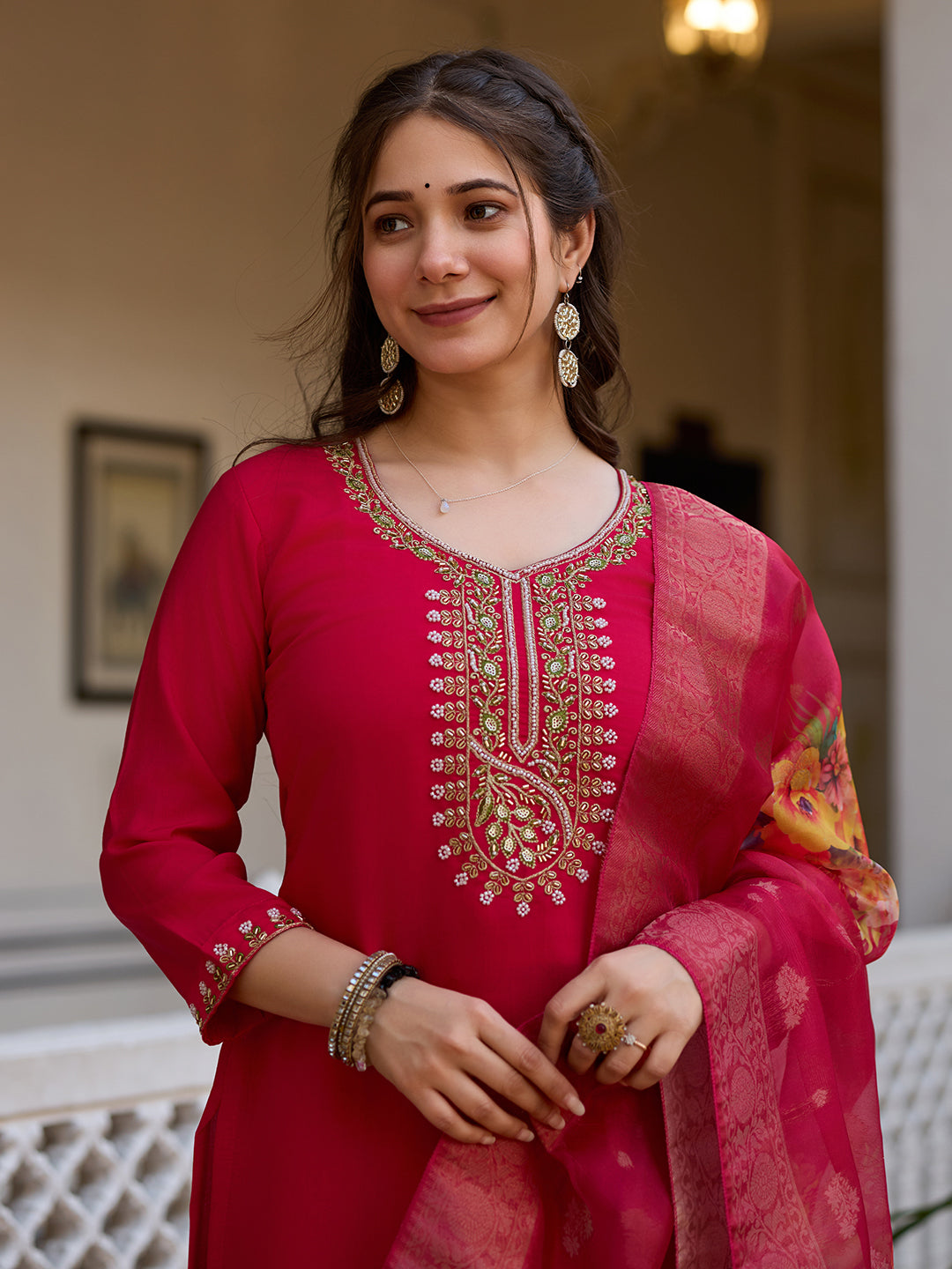 Red Color Viscose Chanderi Silk Embroidery Kurti With Pant And Dupatta Set