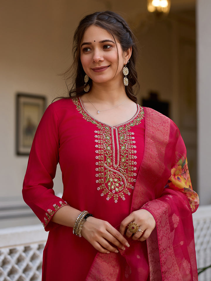 Red Color Viscose Chanderi Silk Embroidery Kurti With Pant And Dupatta Set