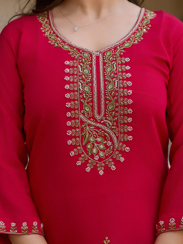 Red Color Viscose Chanderi Silk Embroidery Kurti With Pant And Dupatta Set
