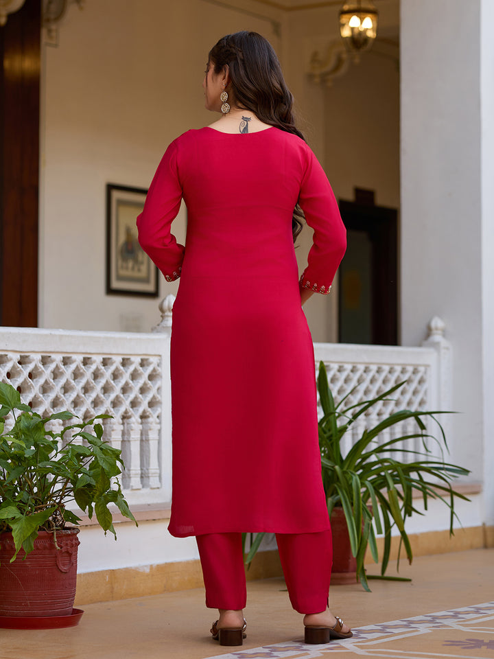 Red Color Viscose Chanderi Silk Embroidery Kurti With Pant And Dupatta Set