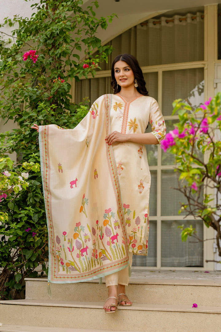 Off-White Color Viscose Assam Silk Embroidery Kurti With Pant And Dupatta Set
