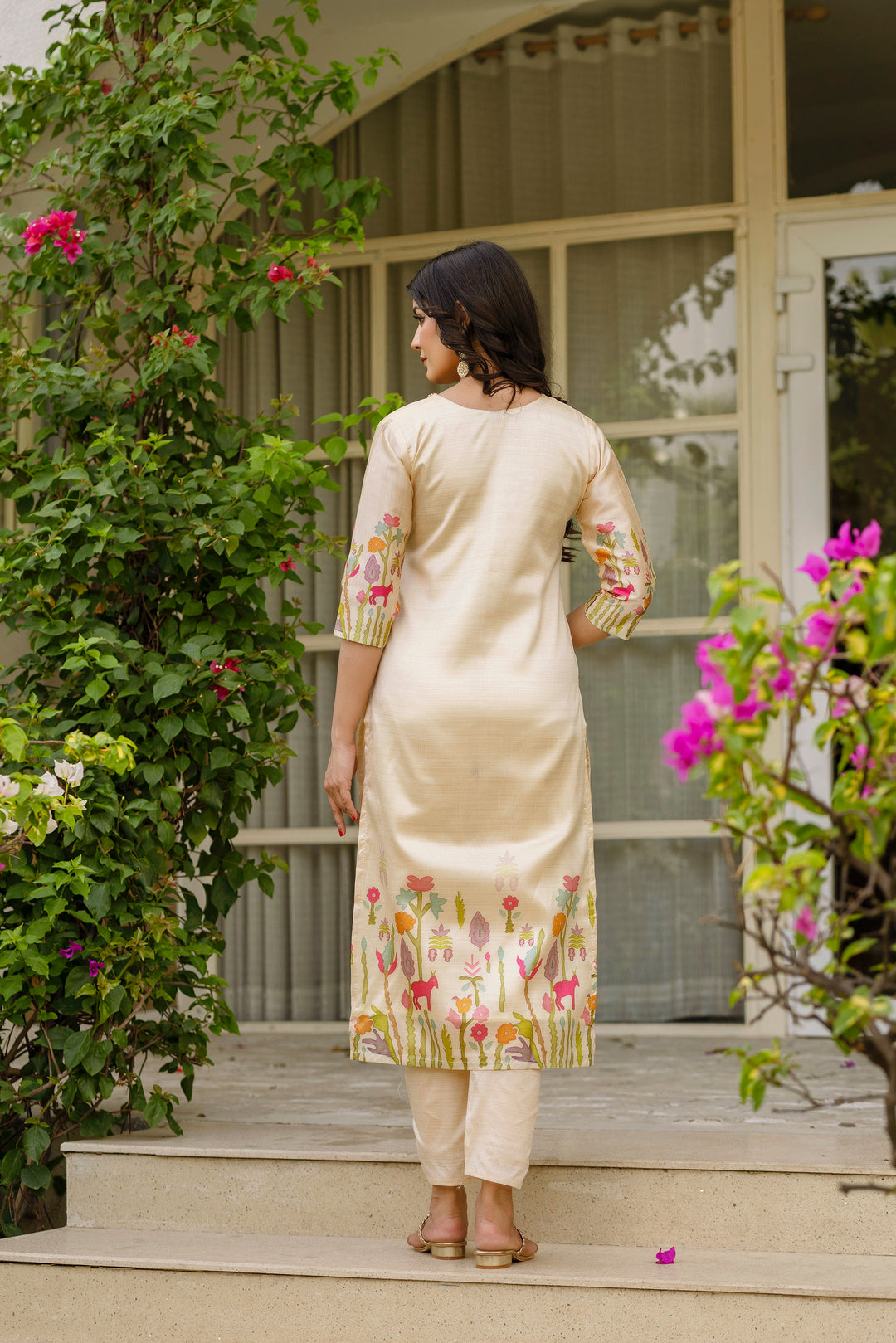 Off-White Color Viscose Assam Silk Embroidery Kurti With Pant And Dupatta Set