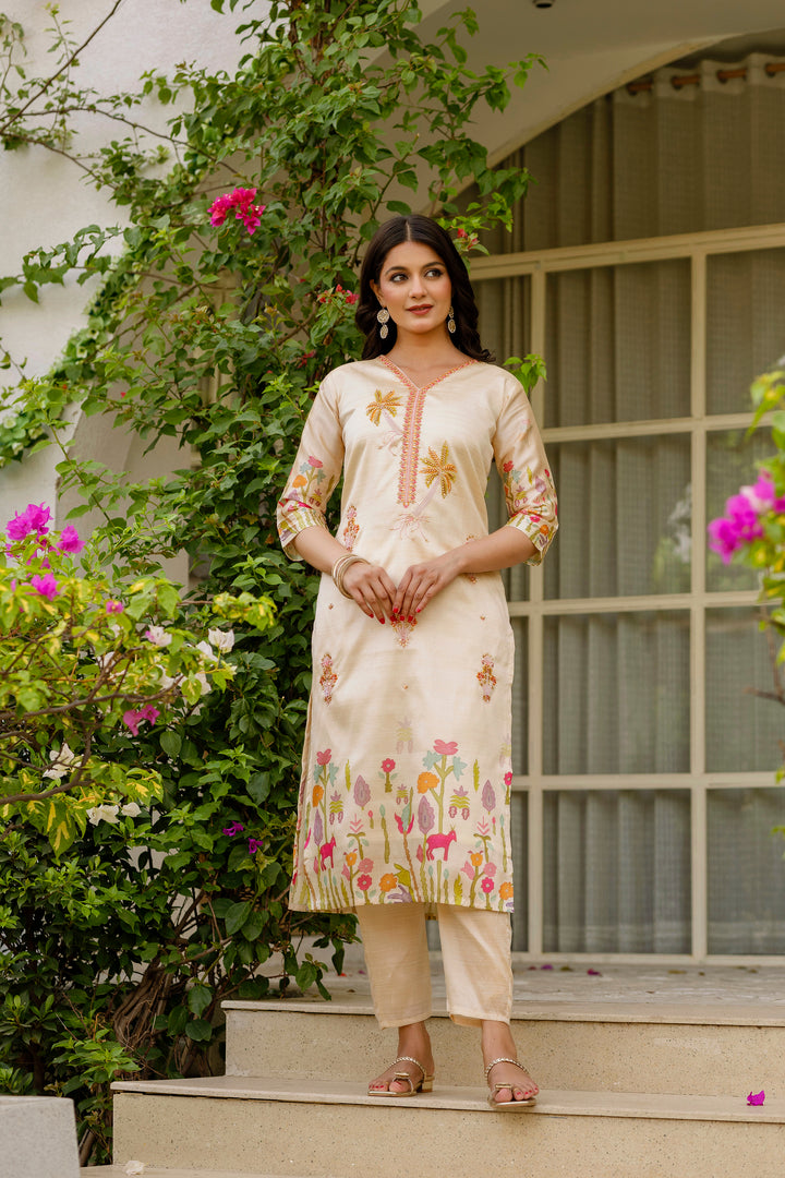 Off-White Color Viscose Assam Silk Embroidery Kurti With Pant And Dupatta Set