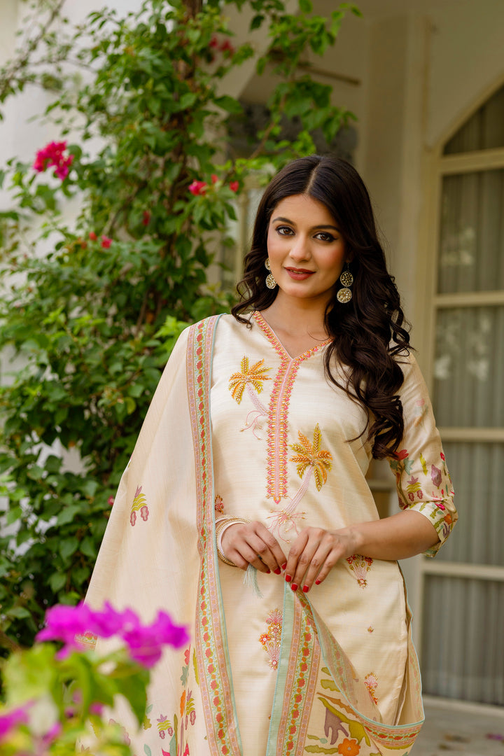 Off-White Color Viscose Assam Silk Embroidery Kurti With Pant And Dupatta Set