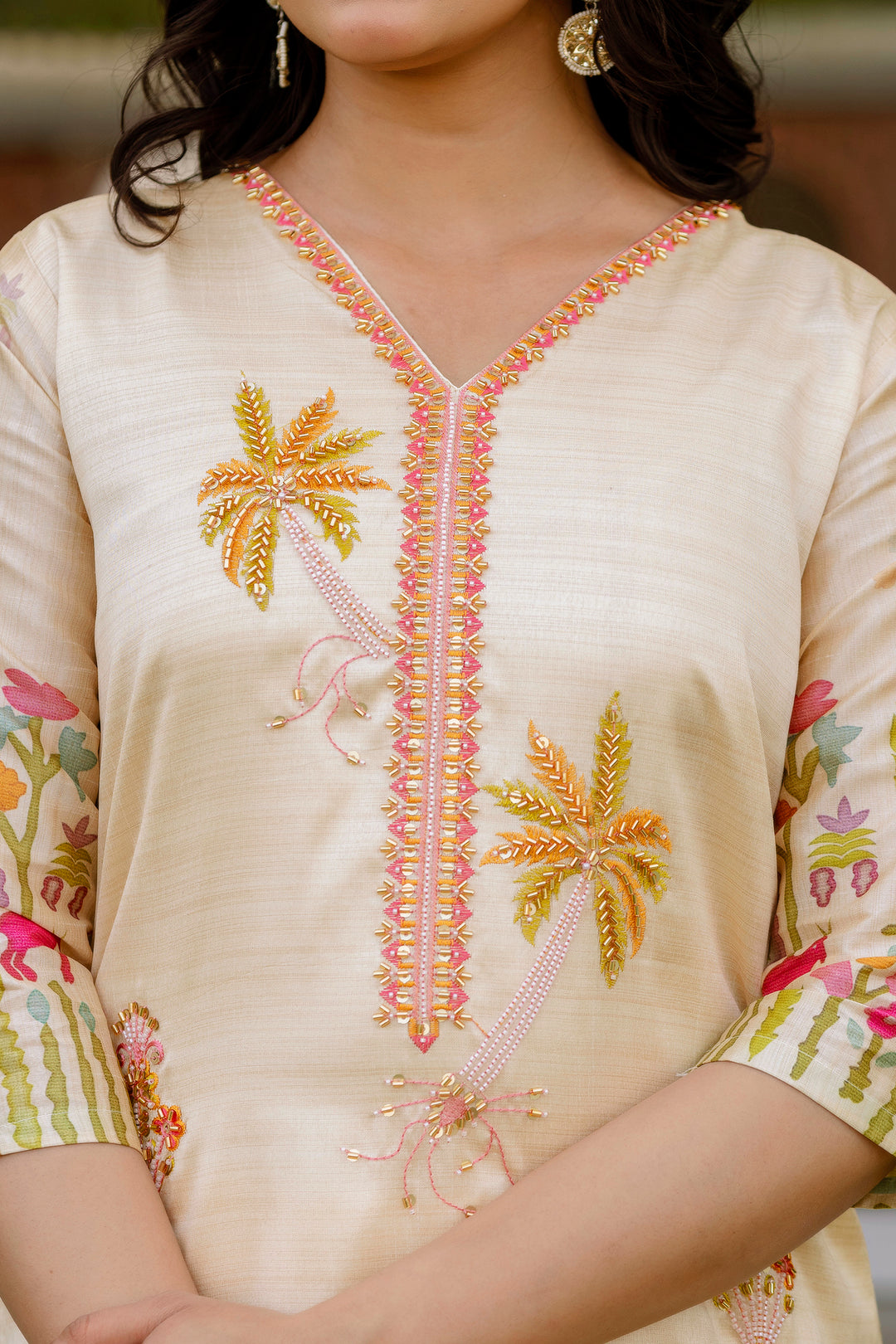 Off-White Color Viscose Assam Silk Embroidery Kurti With Pant And Dupatta Set