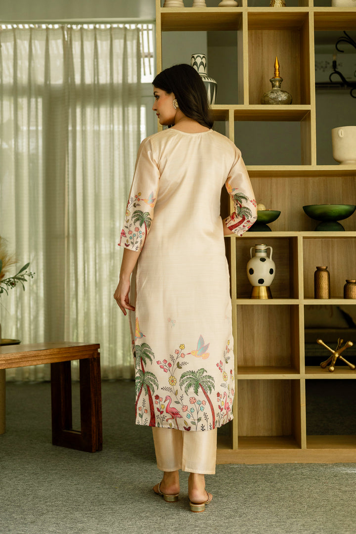 Beige Color Viscose Assam Silk Embroidery Kurti With Pant And Dupatta Set