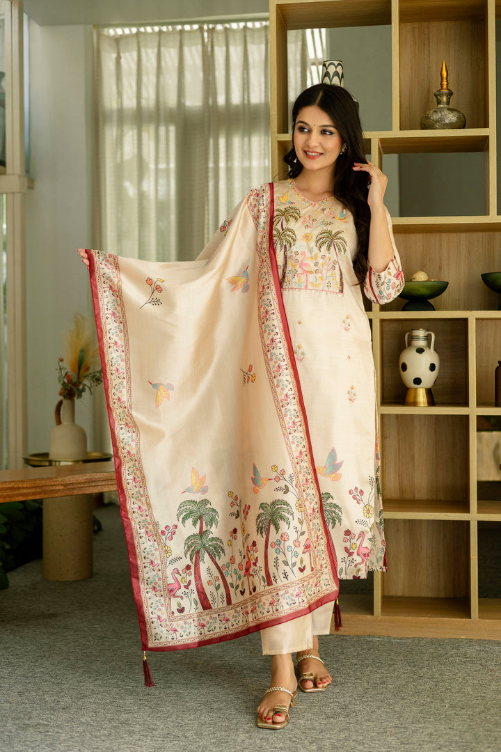 Beige Color Viscose Assam Silk Embroidery Kurti With Pant And Dupatta Set