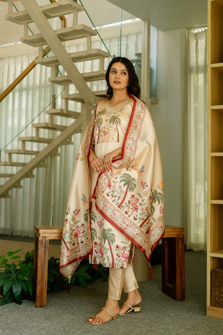 Beige Color Viscose Assam Silk Embroidery Kurti With Pant And Dupatta Set