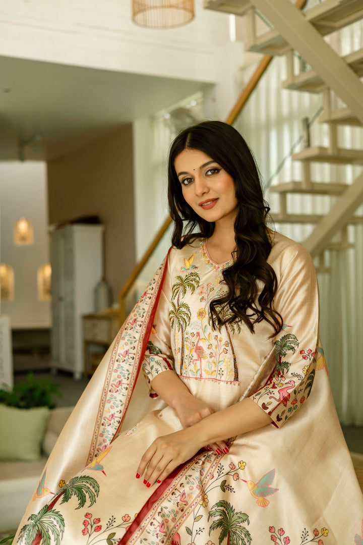 Beige Color Viscose Assam Silk Embroidery Kurti With Pant And Dupatta Set