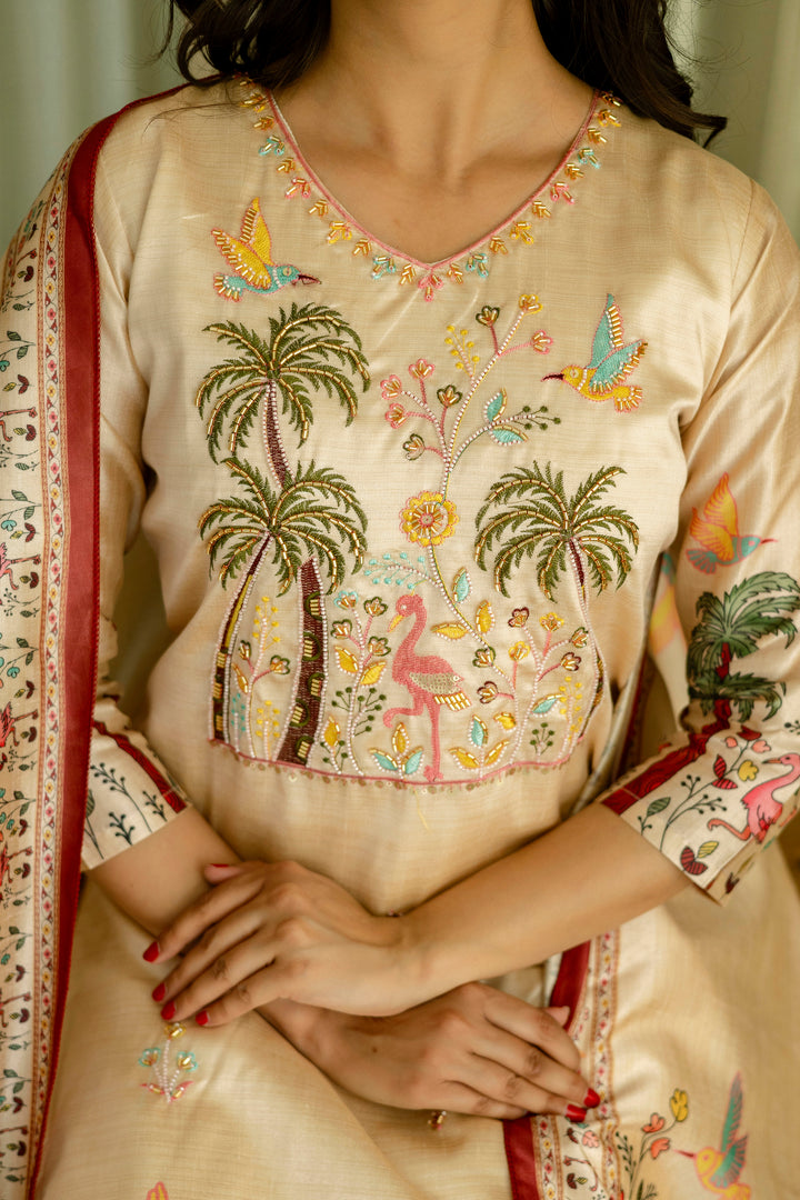 Beige Color Viscose Assam Silk Embroidery Kurti With Pant And Dupatta Set