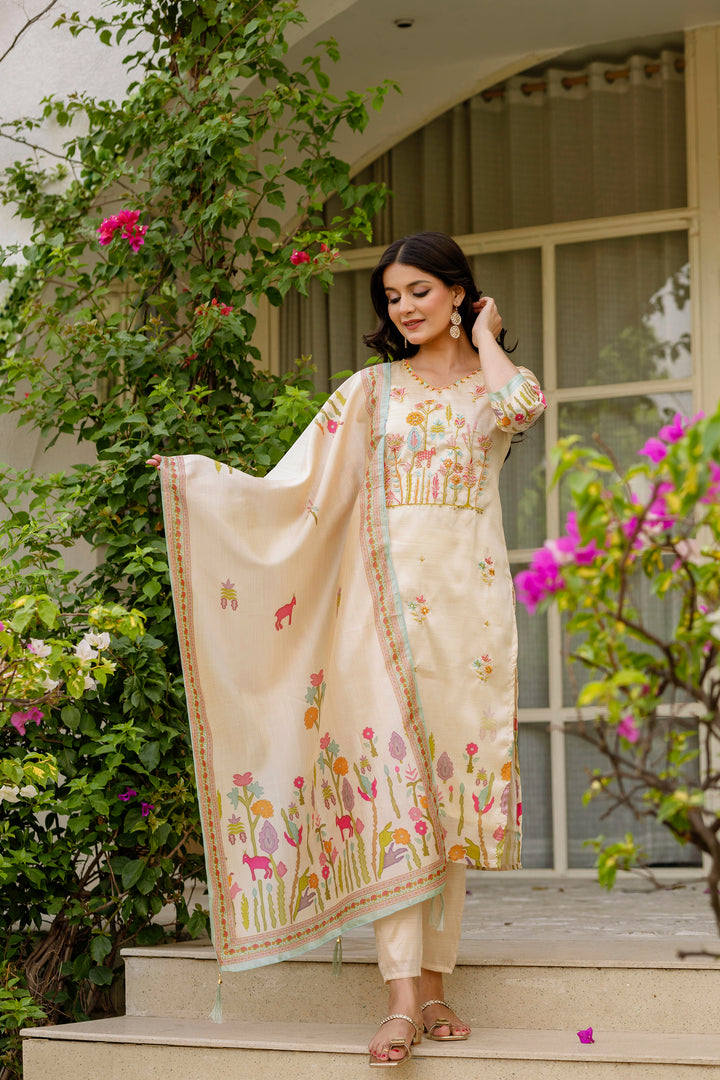 Beige Color Viscose Assam Silk Embroidery Kurti With Pant And Dupatta Set