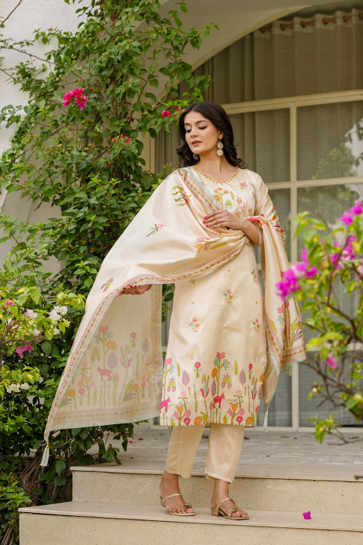 Beige Color Viscose Assam Silk Embroidery Kurti With Pant And Dupatta Set