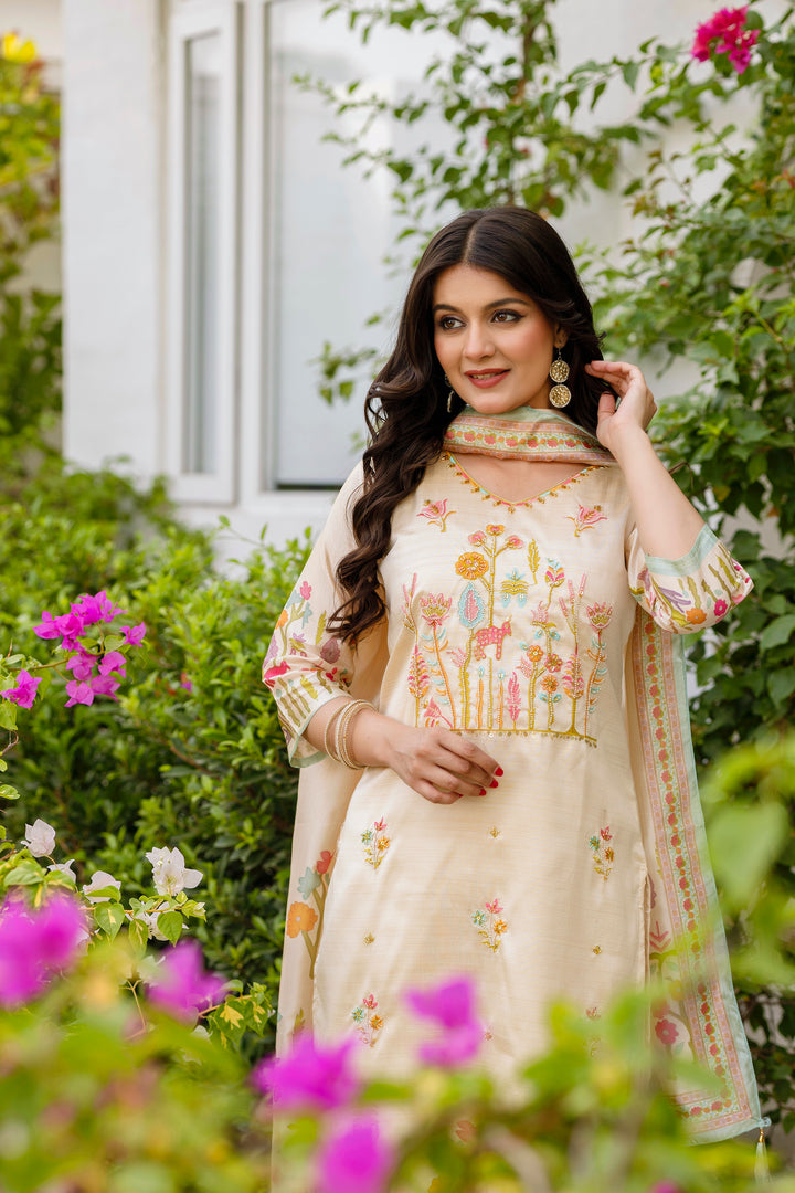 Beige Color Viscose Assam Silk Embroidery Kurti With Pant And Dupatta Set